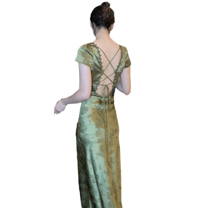 Female Spearmint V-neck Backless Satin Dress Q2