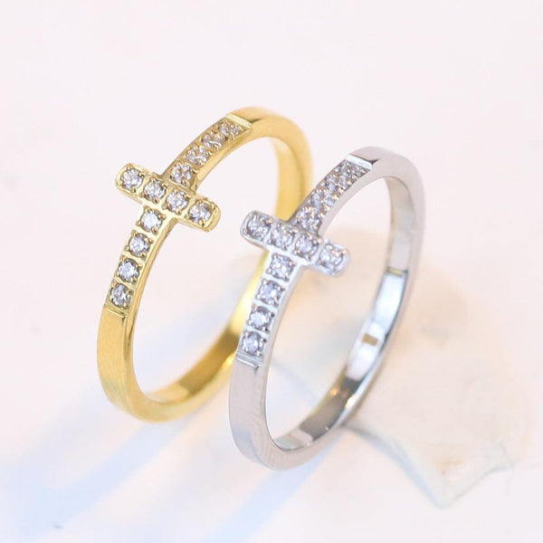 Simple Style Diamond 304 Titanium Steel Cross Ring Female Temperament Wild Vintage - Super Amazing Store