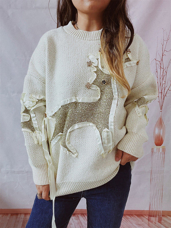 Reindeer Round Neck Long Sleeve Sweater Trendsi