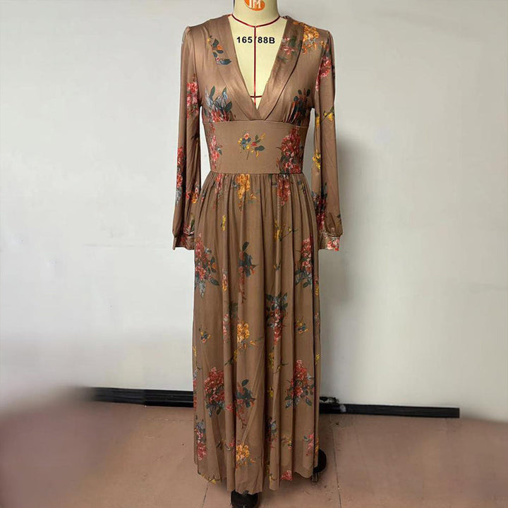 Women's V-Neck Floral Print Long Sleeve Dress With Cuffed Sleeves Flowy Maxi Super Amazing Store