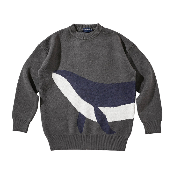 Japanese Vintage Whale Round Neck Sweater For Men - Super Amazing Store