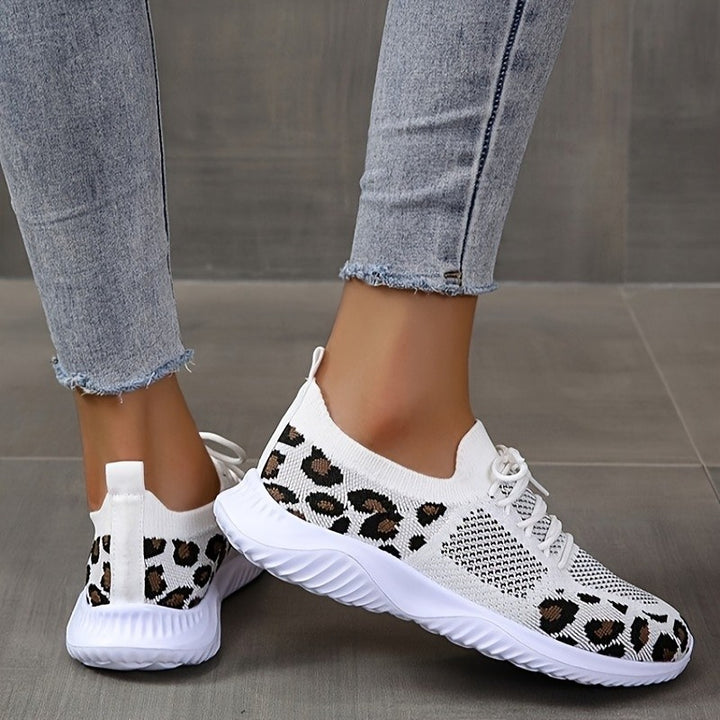 White Shoes Women Leopard Print Lace-up Sneakers Sports Q2