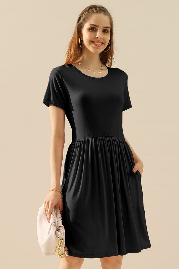 Ninexis Full Size Round Neck Ruched Dress with Pockets Trendsi