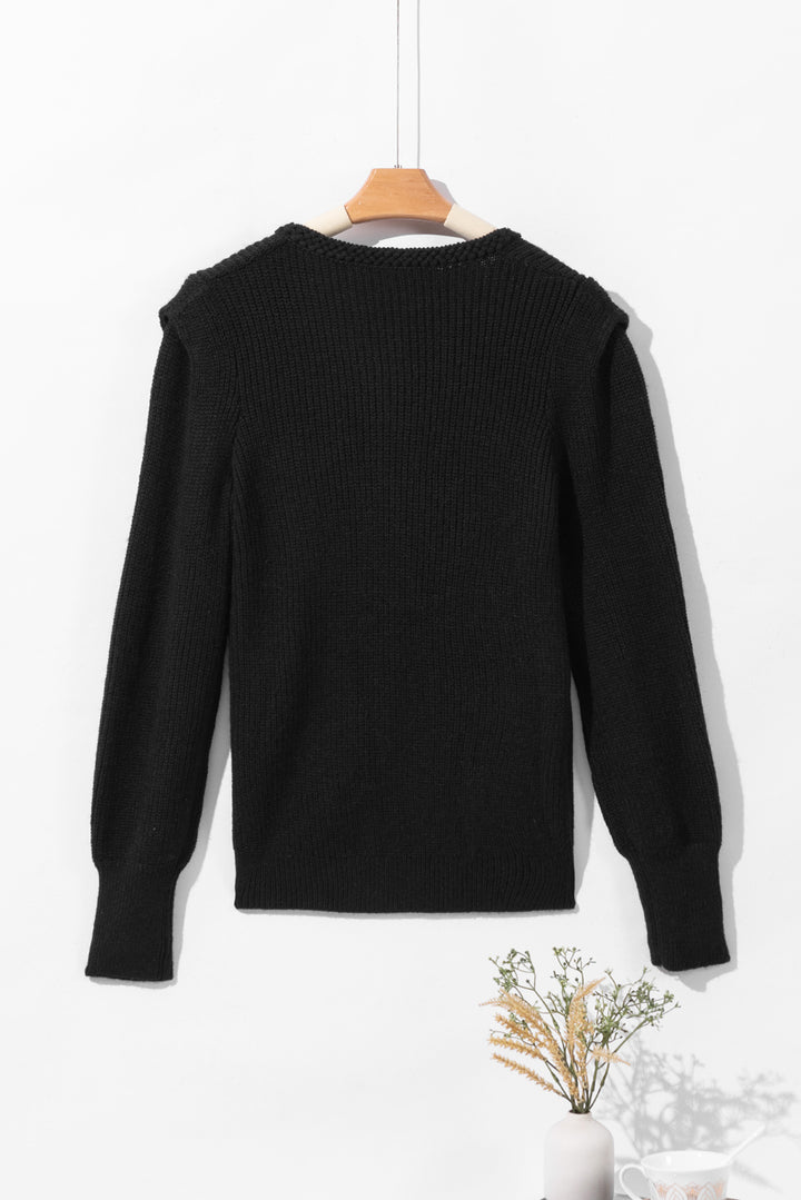 Solid Color Notched Long Sleeve Sweater Trendsi