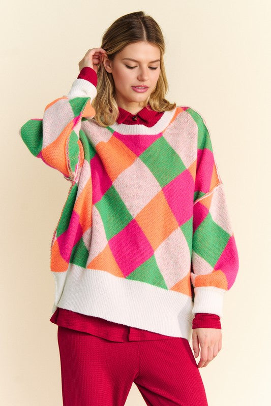 Davi & Dani Exposed Seam Color Block Dropped Shoulder Sweater Trendsi