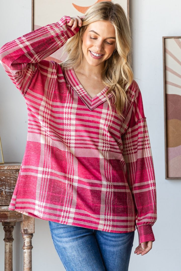 Heimish Plaid Drop Shoulder V-Neck T-Shirt Trendsi