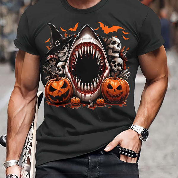 Men's Casual Polyester Round Neck T-shirt With 3D Shark And Halloween Pumpkin Patterns, Fitted Knit Fabric, Slightly Elastic Super Amazing Store