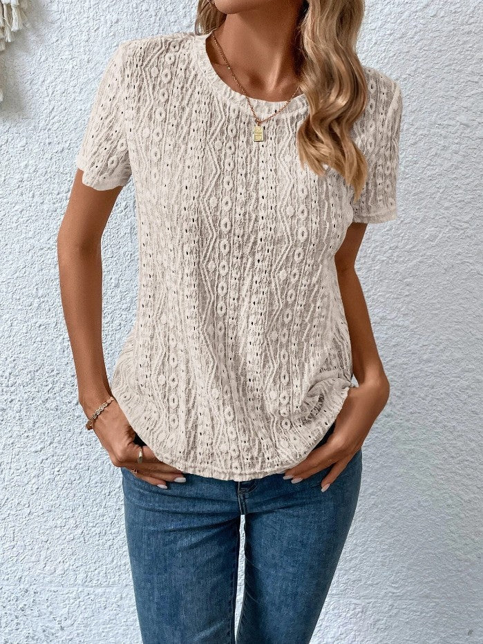 Hollowed Leisure Solid Color Round Neck T-shirt-Super Amazing Store