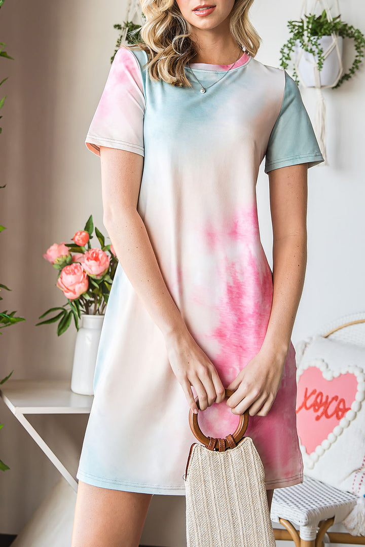 Tie-Dye Round Neck Short Sleeve Slit Dress Trendsi