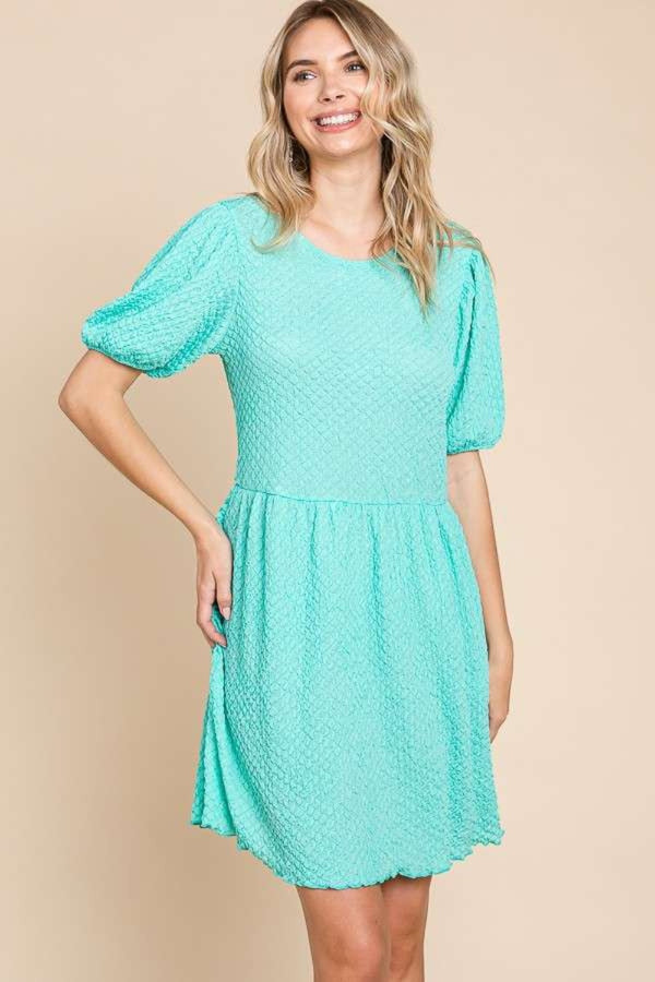 Culture Code Full Size Textured Round Neck Puff Sleeve Dress Trendsi