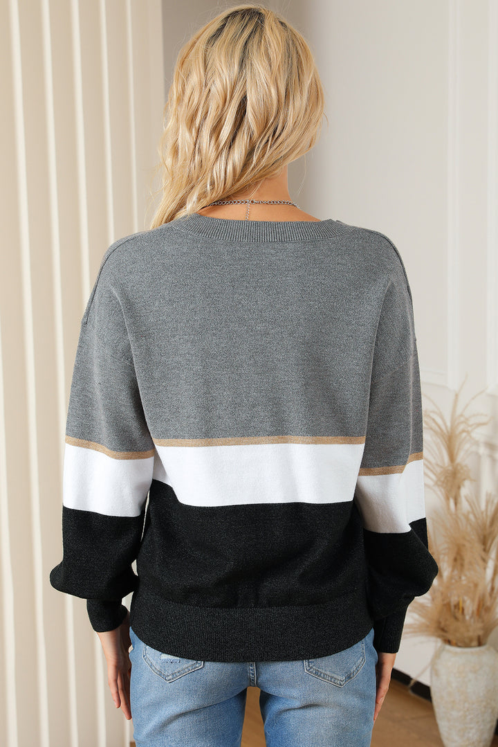 Color Block V Neck Long Sleeve Sweater Trendsi