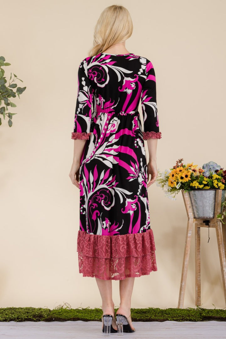 Celeste Full Size Paisley Print Lace Ruffled Midi Dress Trendsi