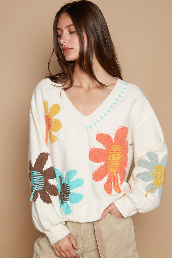 POL V-Neck Long Sleeve Flower Fringe Sweater Trendsi