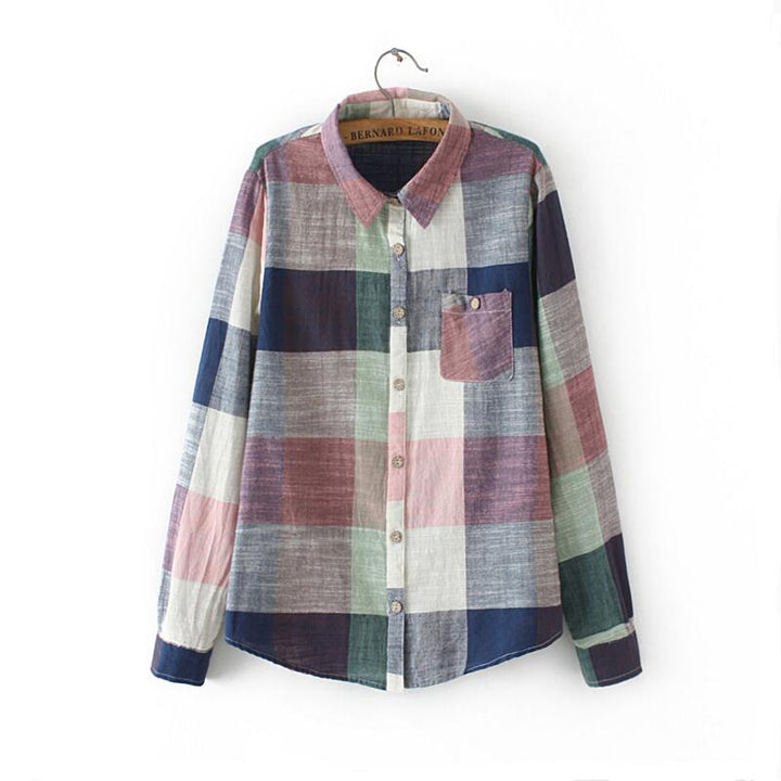 Casual Plaid Women Blouses Vintage Linen Cotton Long Female Shirts Tops - Super Amazing Store