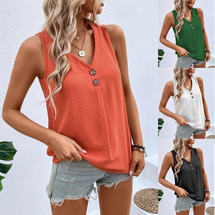 Summer V-neck Vest Top Fashion Button Sleeveless T-Shirt Loose Casual Q2