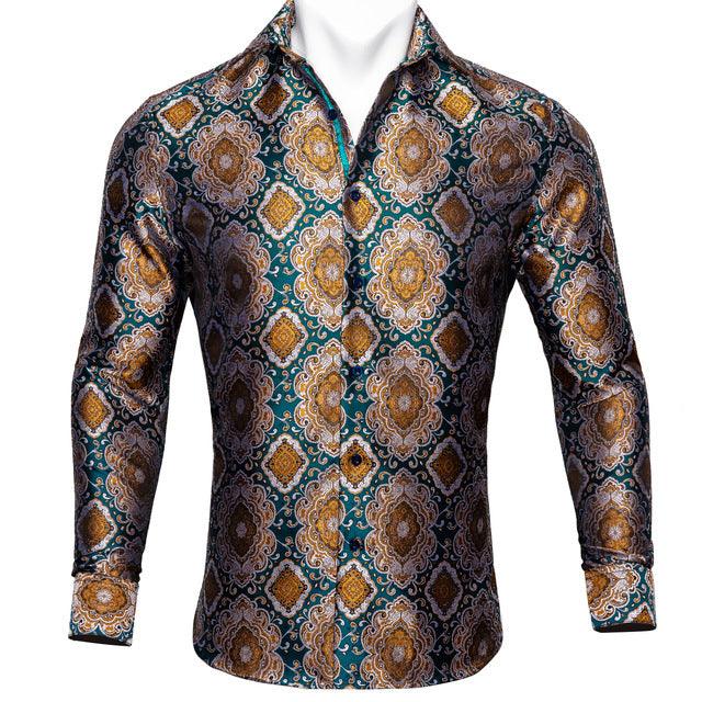 Barry.Wang Teal Paisley Floral Silk Shirts Men Autumn Long Sleeve Casual Flower Shirts For Men Designer Fit Dress Shirt BCY-05 - Super Amazing Store