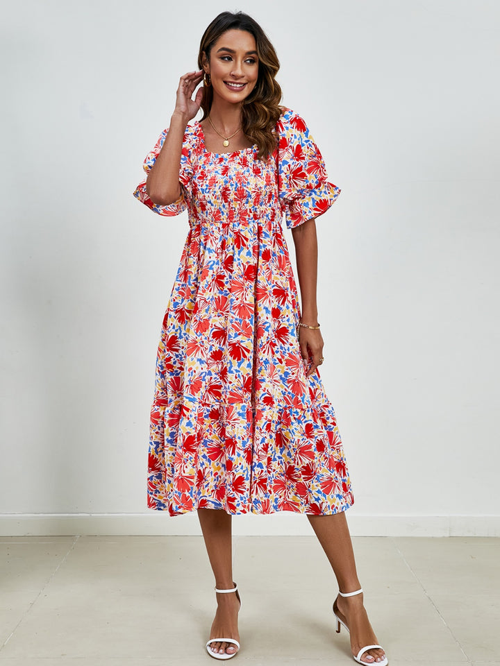 Smocked Floral Square Neck Short Sleeve Dress Trendsi