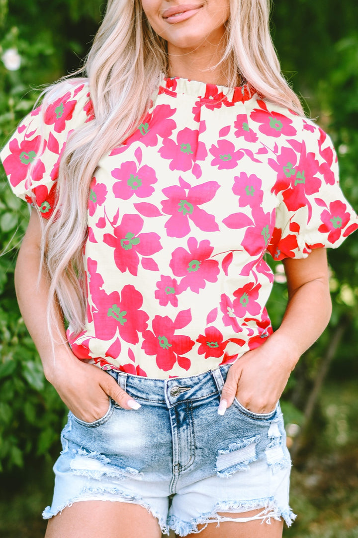 Printed Mock Neck Puff Sleeve Blouse-Super Amazing Store