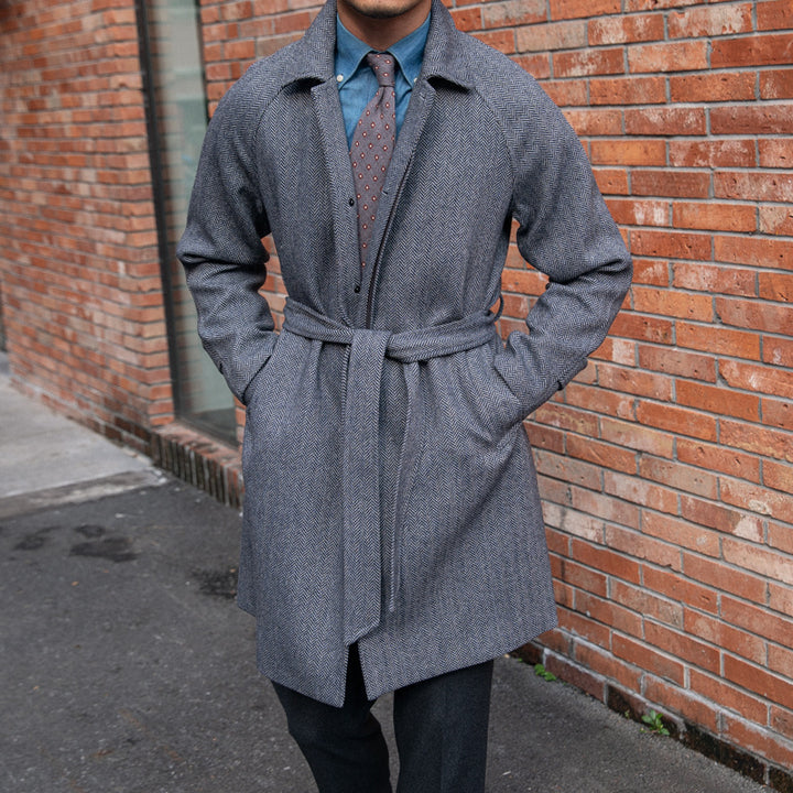 Men's Herringbone Wool Slim Fit Mid Length Coat Q2