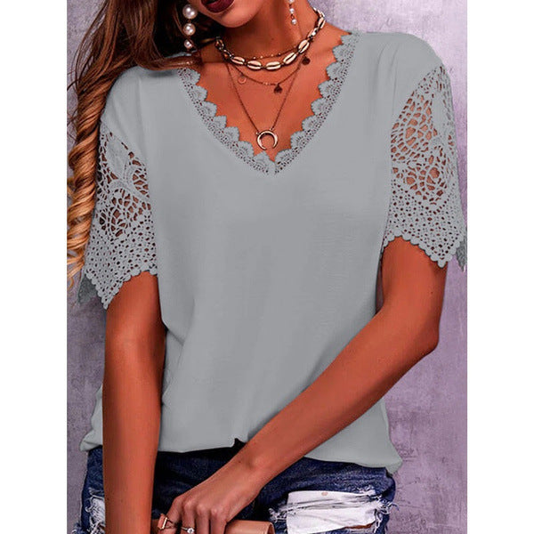 Lace Tops Women Summer Loose V Neck Short Sleeve Casual Shirts - Super Amazing Store