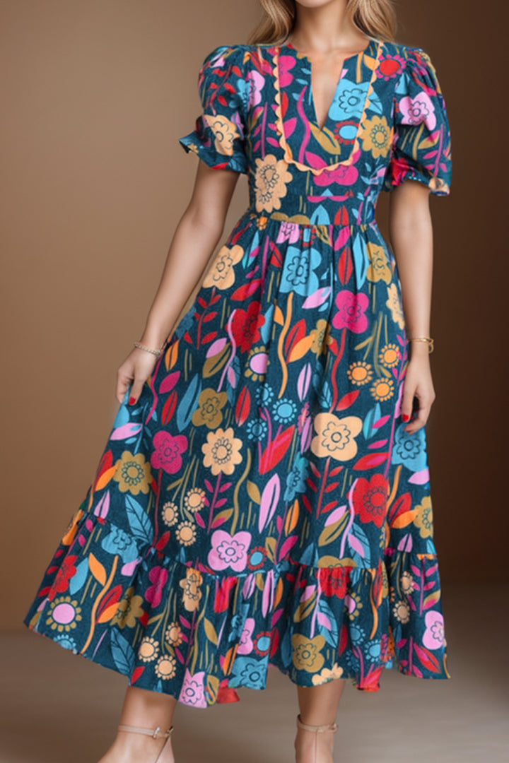 Printed Notched Puff Sleeve Midi Dress Trendsi