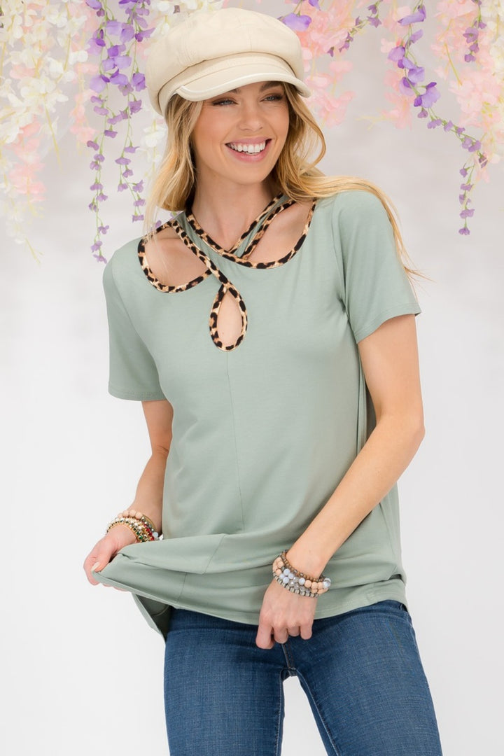 Celeste Full Size Crisscross Cutout Leopard Contrast Trim T-Shirt Trendsi