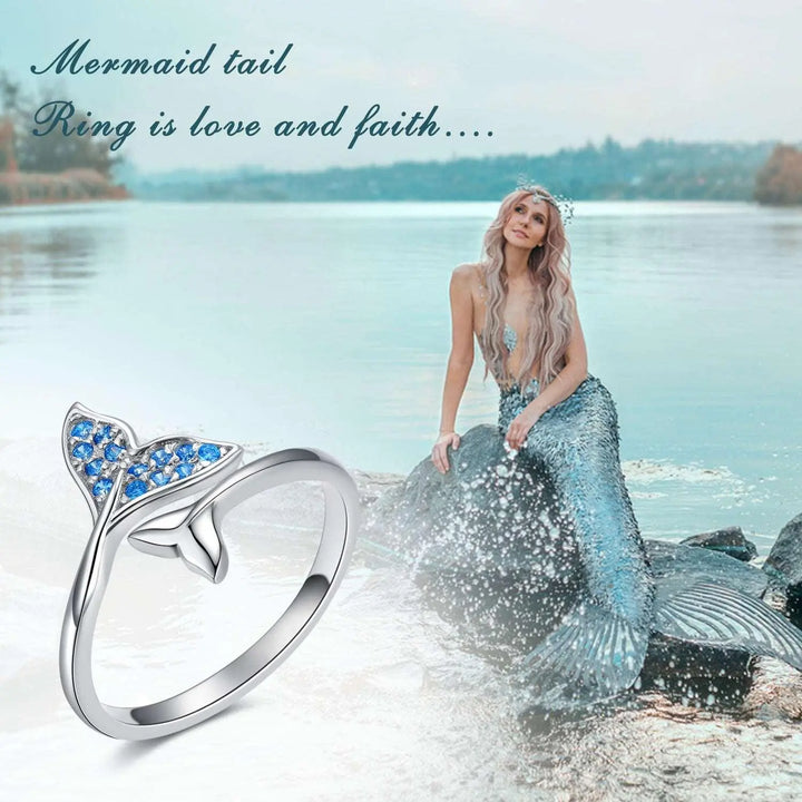 925 Sterling Silver Mermaid Tail With Blue Zircon Adjustable Open Rings - Super Amazing Store