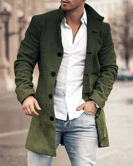 Autumn And Winter Men's Woolen Stand Collar Medium Long Pocket Casual Coat Q2