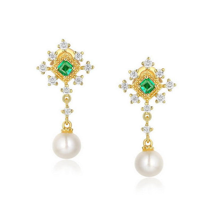 Light Luxury Niche Design Sterling Silver Pearl Earrings Emeralds - Super Amazing Store