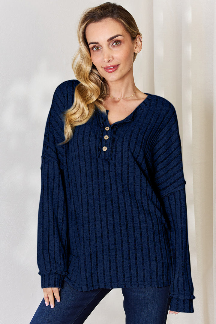 Basic Bae Full Size Ribbed Half Button Long Sleeve T-Shirt Trendsi