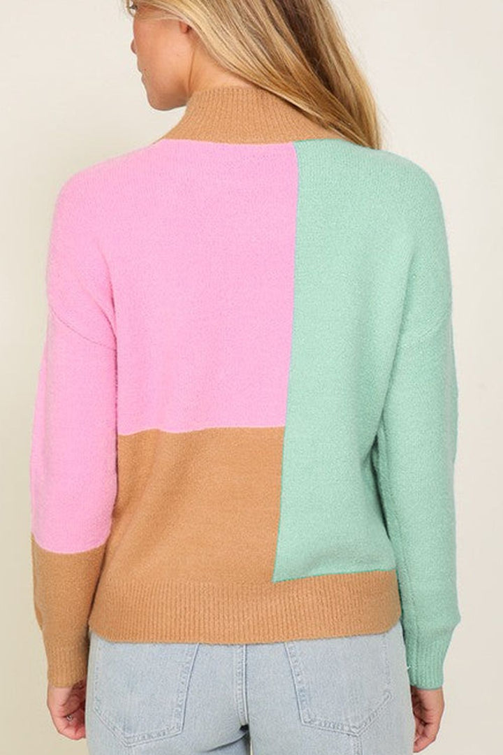 Color Block Mock Neck Ribbed Trim Sweater Trendsi