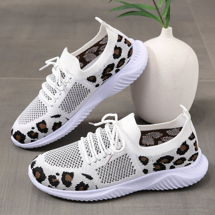 White Shoes Women Leopard Print Lace-up Sneakers Sports Q2