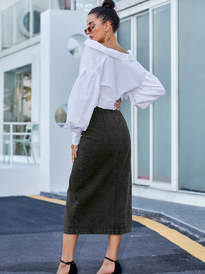 Button Irregular Slit Skirt Denim High Waist Long Skirt - Super Amazing Store