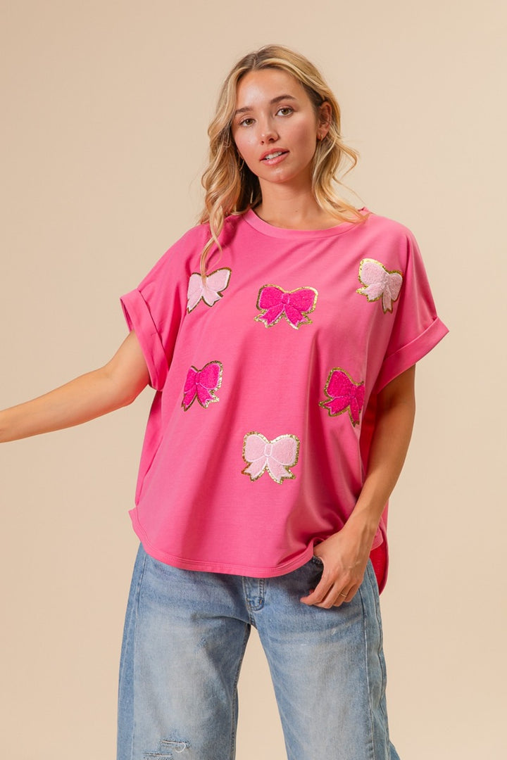 BiBi French Terry Drop Shoulder Bow Patched T-Shirt Trendsi