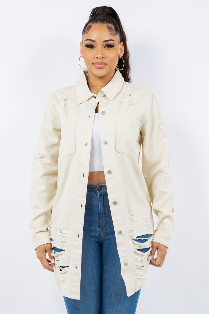 American Bazi Distressed Button Up Long Sleeve Denim Jacket Trendsi