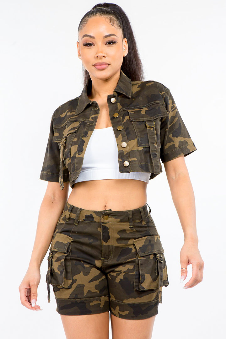 American Bazi Full Size Camouflage Short Sleeve Cropped Jacket Trendsi