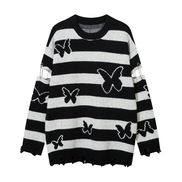 Striped Contrast Color Butterfly Round Neck Sweater Autumn And Winter - Super Amazing Store