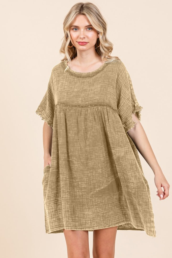 Culture Code Full Size Short Sleeve Babydoll Texture Dress with Pockets Trendsi