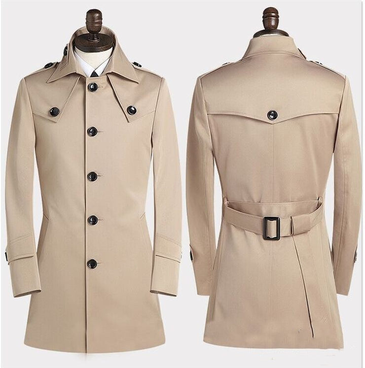 Men's Lapel Trench Coat Korean Version Slim Single Breasted Medium Length Q2