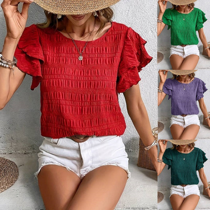 Summer Ruffled Short-sleeved T-shirt Casual Round Neck Pleated Design Top Q2