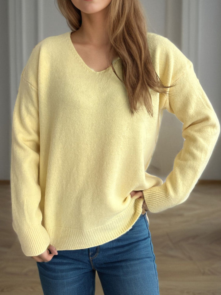 V-Neck Dropped Shoulder Long Sleeve Sweater Trendsi