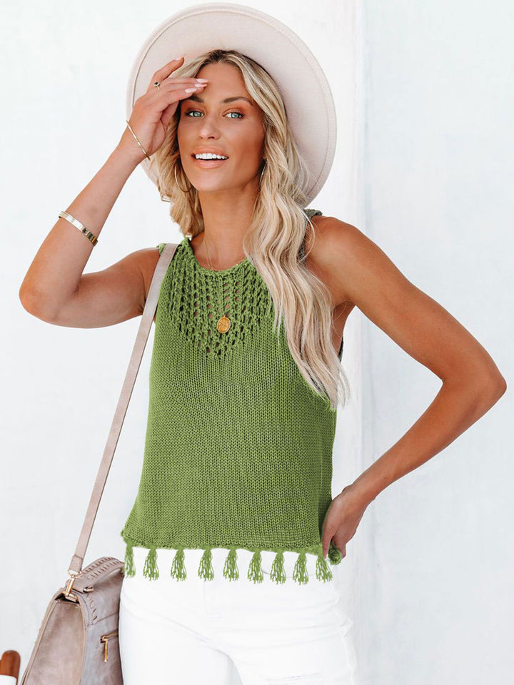 Cutout Tassel Round Neck Tank Trendsi