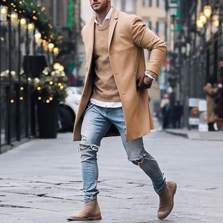 Fashion Winter Men's Trench Long Jackets Coats Overcoat Classic Jackets Solid Slim Fit Outwear Hombre Men Clothes Khaki Black-Super Amazing Store