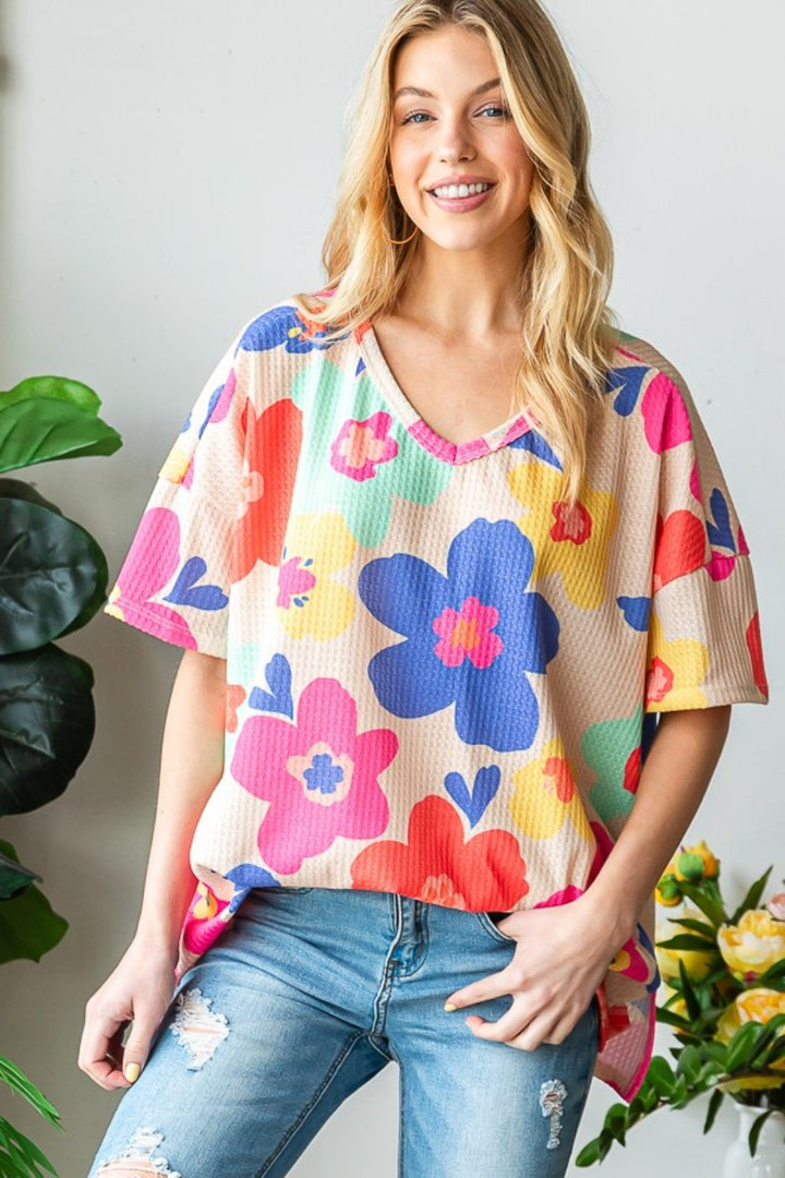 HOPELY Full Size Floral V-Neck Side Slit T-Shirt Trendsi