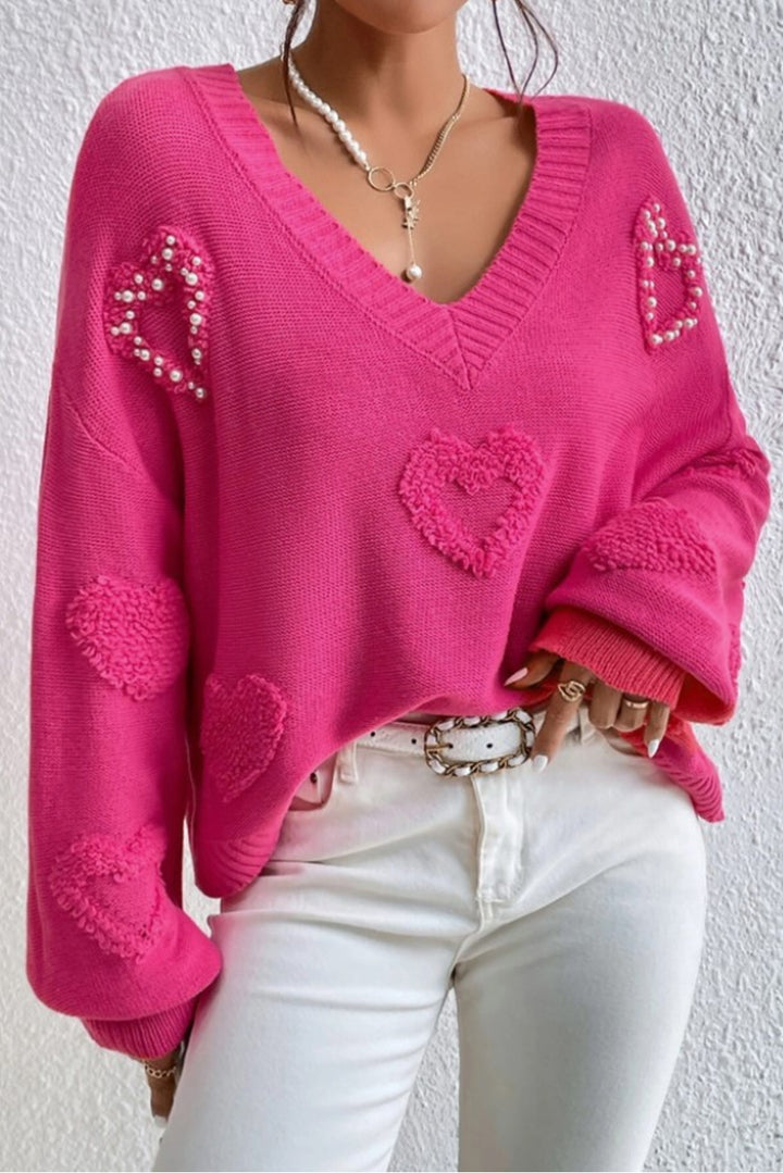 Pearl Trim Heart V-Neck Sweater Trendsi