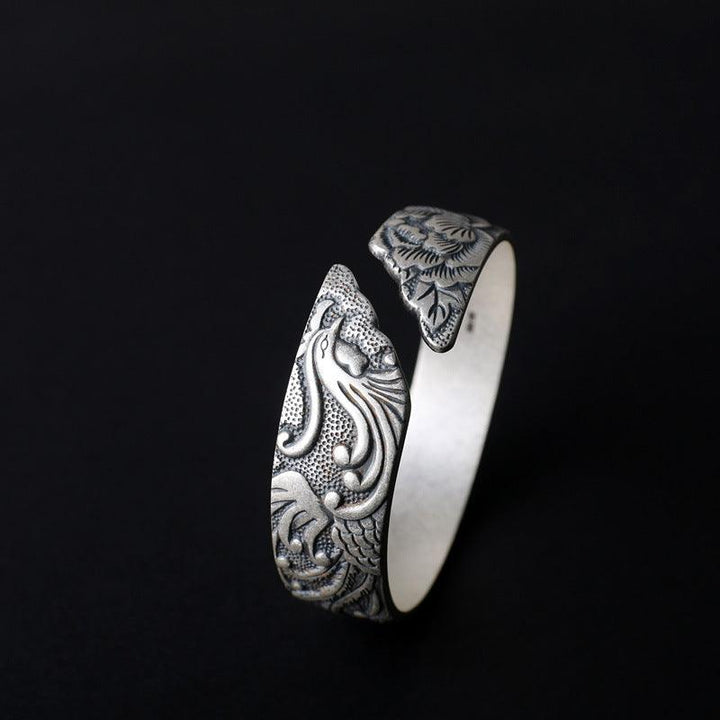 S999 Pure Silver Phoenix Peony Wide Side Thai Silver Matte Retro Ethnic Style Bracelet Women - Super Amazing Store