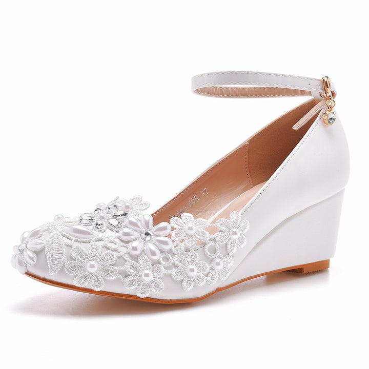 Round Toe Wedge Pumps Bridal Wedding White Shoes - Super Amazing Store