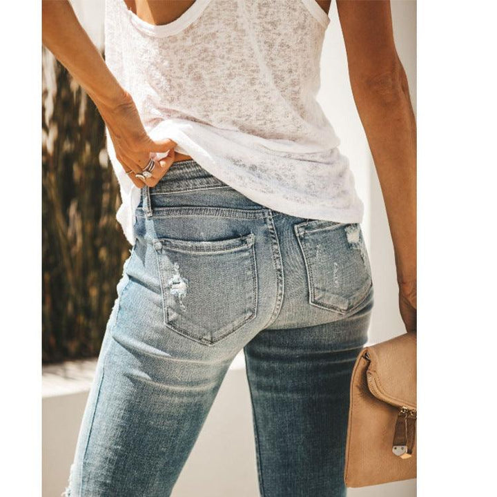 Women's Jeans Slim Ripped Mid-Rise Denim Bottom - Super Amazing Store