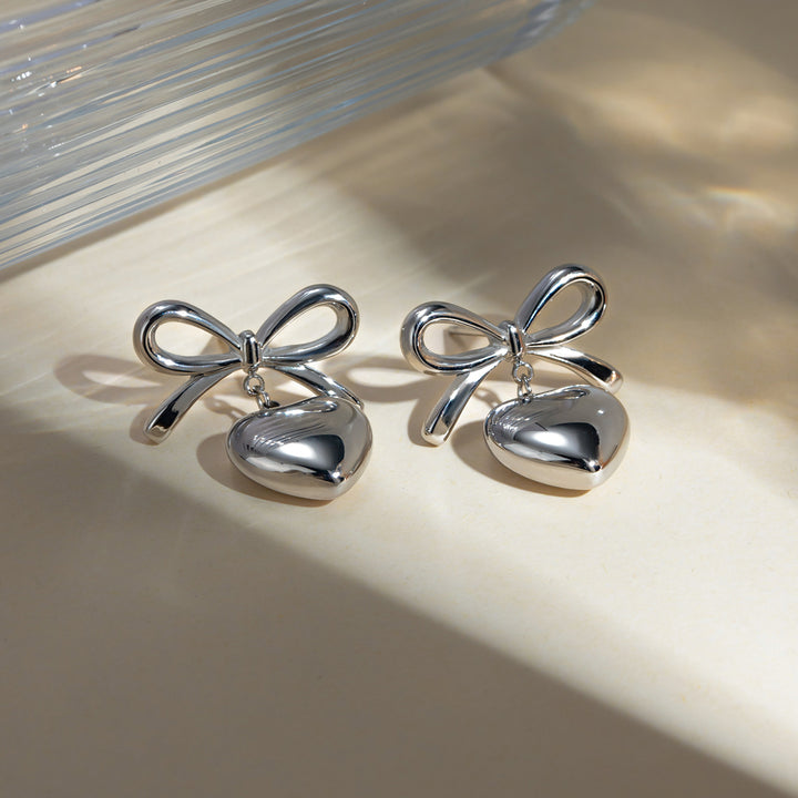 Stainless Steel Bow & Heart Drop Earrings Trendsi