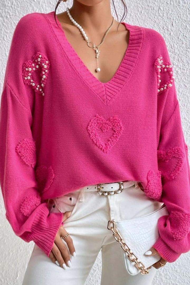 Pearl Trim Heart V-Neck Sweater Trendsi